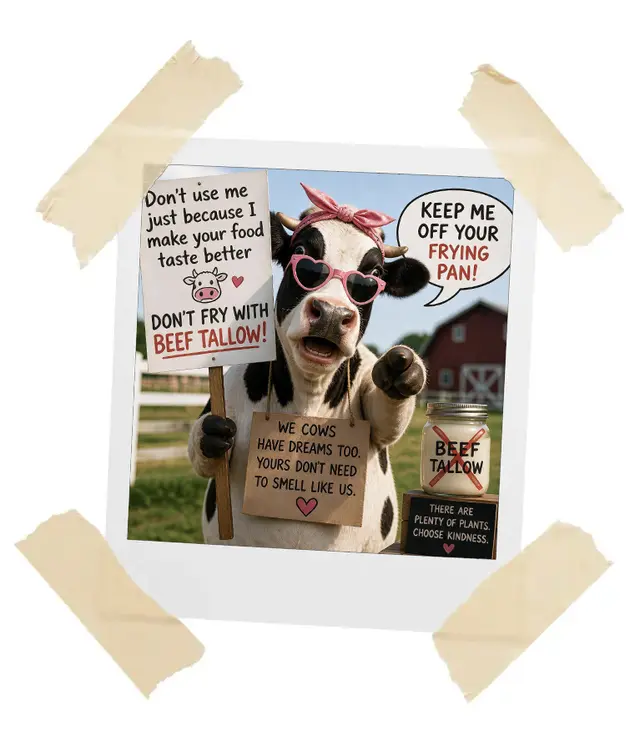 Cartoon cow holding protest signs begging us not to fry with beef tallow. Sorry, girl.